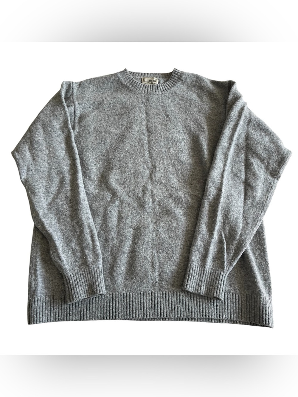 L.L. BEAN Mens Large Tall Gray Lambs Wool Crewneck‎ Knit Long Sleeve Sweater